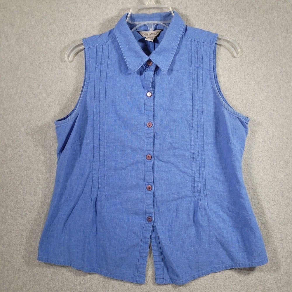 Jane Ashley Blouse XL Blue Linen Blend Sleeveless Button Front Collar Womens